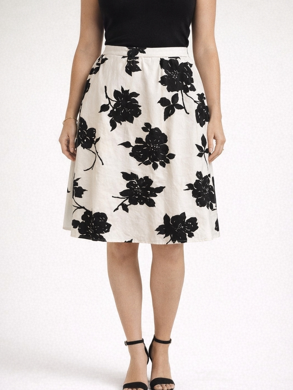 Banana Republic Black & White Floral A-Line Midi Skirt - Size 8 - Silk Lined